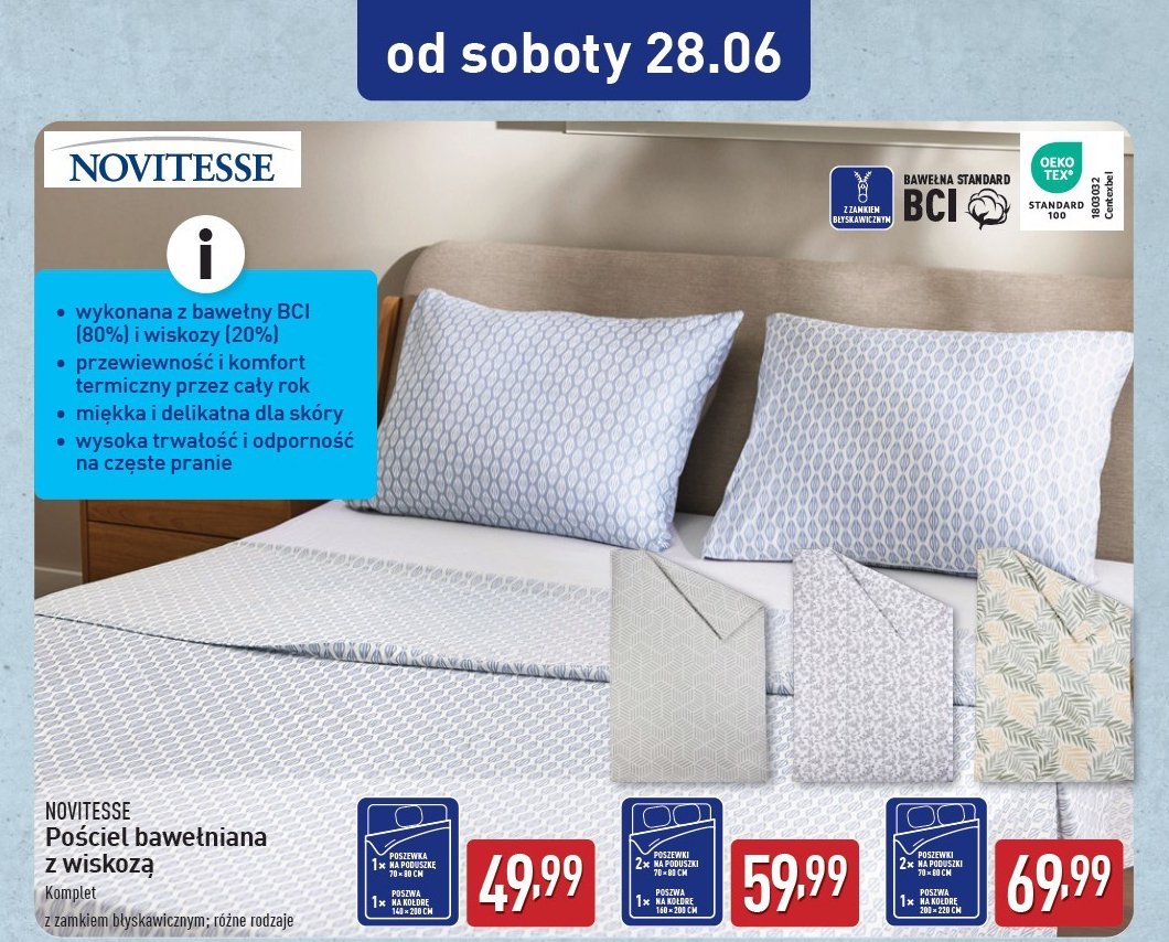 Komplet pościeli bawełnianej z wiskozą 200 x 220 + 2x 70 x 80 cm Novitesse promocja w Aldi