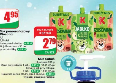 Mus Kubuś 3 rodzaje: brzoskwinia, jabłko, rzodkiewka promocja w Dino