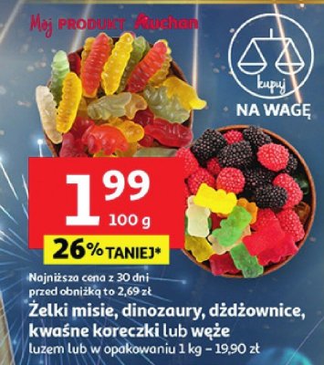 Żelki misie, dinozaury, dżdżownice, kwaśne koracki lub węże luzem lub w opakowaniu 1 kg promocja w Auchan