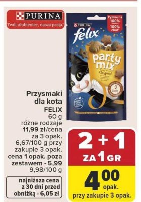 Karma dla kotów FELIX Party Mix Original przysmaki 60g różne rodzaje promocja w Carrefour Market