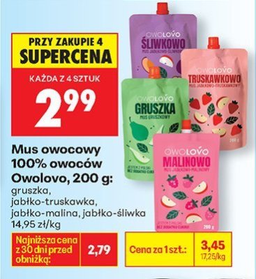 Mus owocowy 100% owoców Owolovo gruszka 200g promocja w Biedronka