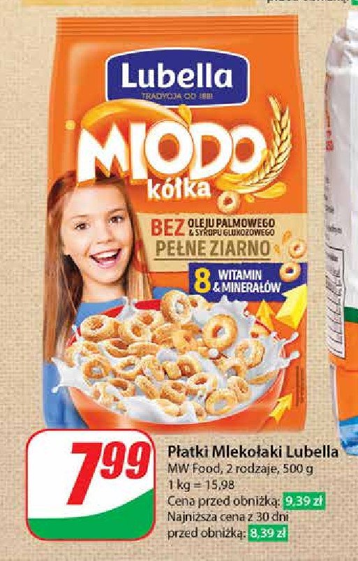 Płatki miodowe kółka Lubella mlekołaki promocja w Dino