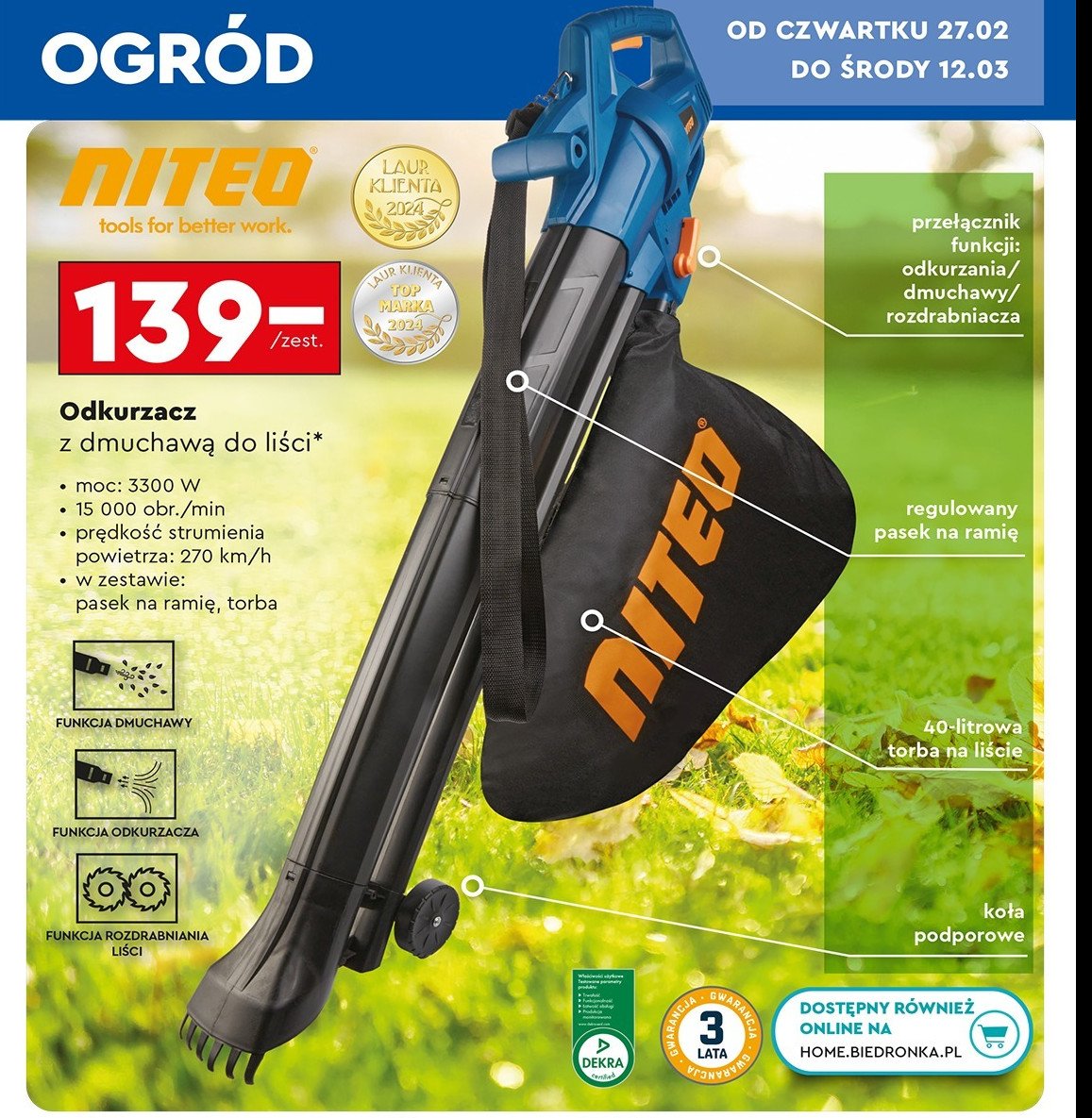 Odkurzacz do liści 3300 w Niteo tools promocja w Biedronka