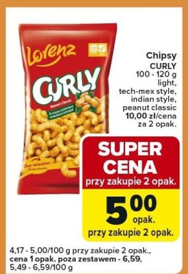 Chipsy CURLY 100 - 120 g różne rodzaje Lorenz promocja w Carrefour Express