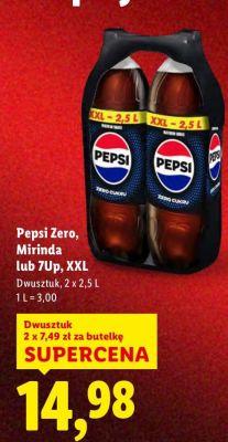 Napój gazowany Pepsi Zero, Mirinda lub 7Up, XXL Dwuszstuk, 2 x 2,5 L promocja w Lidl