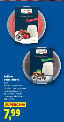 Deser Italiamo z ricottą z czekoladą orzechową gianduja i pastą malinową lub z granulowanymi orzechami laskowymi i posypką czekoladową promocja w Lidl