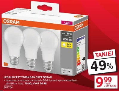 Żarówka LED 8,5W E27 2700K BAN.3SZT OSRAM promocja w Selgros