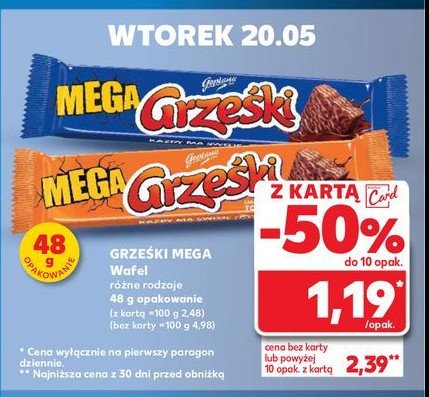 Wafelek kakaowy w czekoladzie deserowej Grześki mega promocja w Kaufland