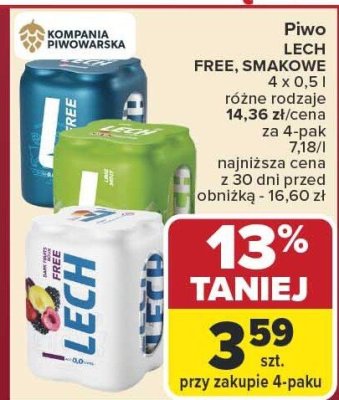 Piwo LECH FREE, SMAK KOLI 4 x 0,5 l różne rodzaje promocja w Carrefour