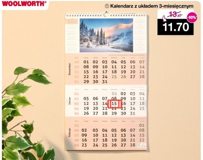 Kalendarz z układem 3-miesięcznym promocja w Woolworth