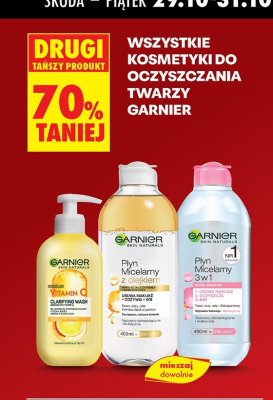 Wszystkie kosmetyki do oczyszczania twarzy Garnier DRUGI -70% promocja w Biedronka