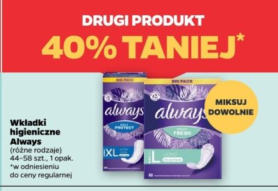 Wkładki higieniczne Always różne rodzaje drugi -40% taniej promocja w Netto