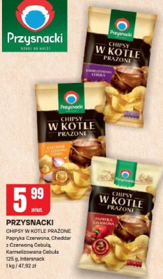 Przysnacki Chipsy w kotle prażone Papryka Czerwona, Cheddar z Czerwoną Cebulą, Karmelizowana Cebula 125 g, Intersnack promocja w Chorten