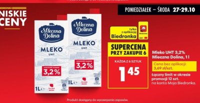 Mleko UHT 3,2% 1 l promocja w Biedronka