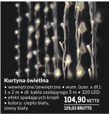 Kurtyna świetlna wewnętrzna/zewnętrzna wym. (szer. x dł.): 1 x 2 m, 320 LED, efekt spadający, ciepły biały, zimny biały promocja w Makro