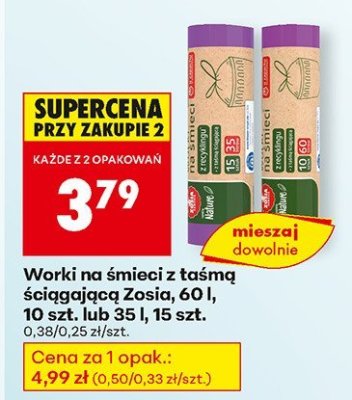 Worki na śmieci z taśmą ściągającą Zosia, 60 l, 10 szt. lub 35 l, 15 szt. promocja w Biedronka