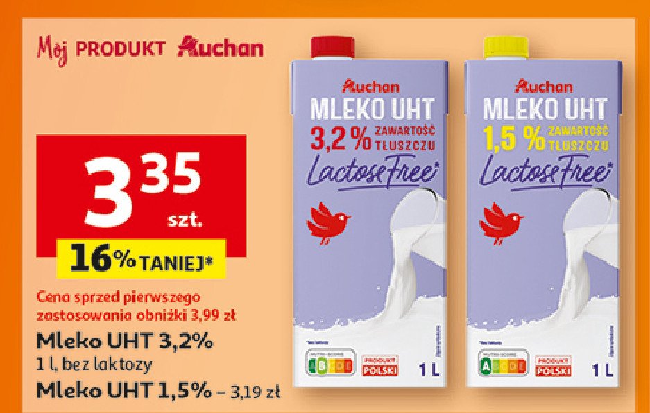 Mleko 2% bez laktozy Auchan różnorodne (logo czerwone) promocja