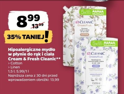 Mydło hipoalergiczne w płynie do rąk i ciała Cream & Peach Cleanic Linen promocja w Netto