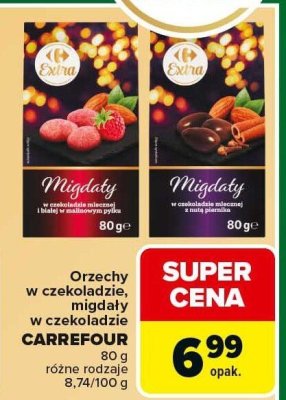 Orzechy w czekoladzie, migdały w czekoladzie CARREFOUR 80g - różne rodzaje promocja w Carrefour Market