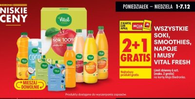 Wszystkie soki, smoothies, napoje i musy Vital Fresh 2+1 gratis promocja w Biedronka