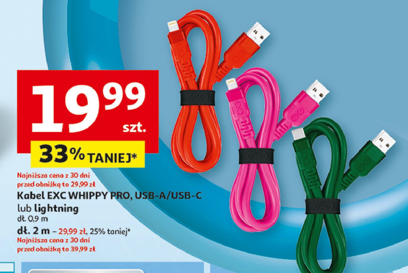 Kabel usb whippy pro 90 cm usb-a lightning Exc promocja w Auchan