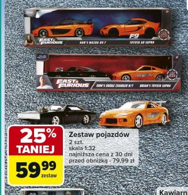 Zestaw pojazdów Fast & Furious Max & Mazda RX-7, Brian's Toyota Supra skala 1:32 promocja w Carrefour