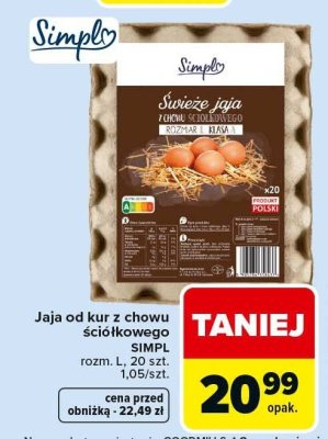Jaja od kur z chowu ściółkowego SIMPL rozm. L 20 szt. promocja w Carrefour
