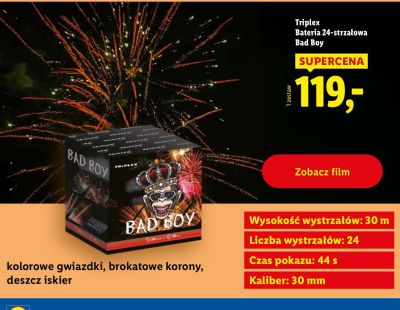 Bateria fajerwerków Triplex 24-strzałowa Bad Boy promocja w Lidl