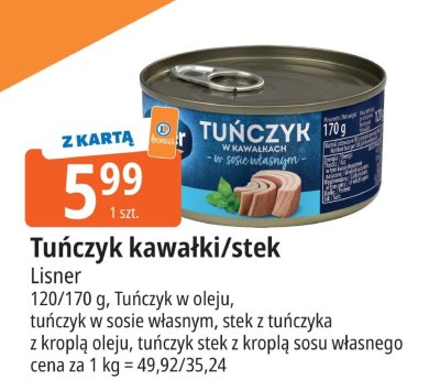 Tuńczyk kawałki/stek Lisner promocja w Leclerc