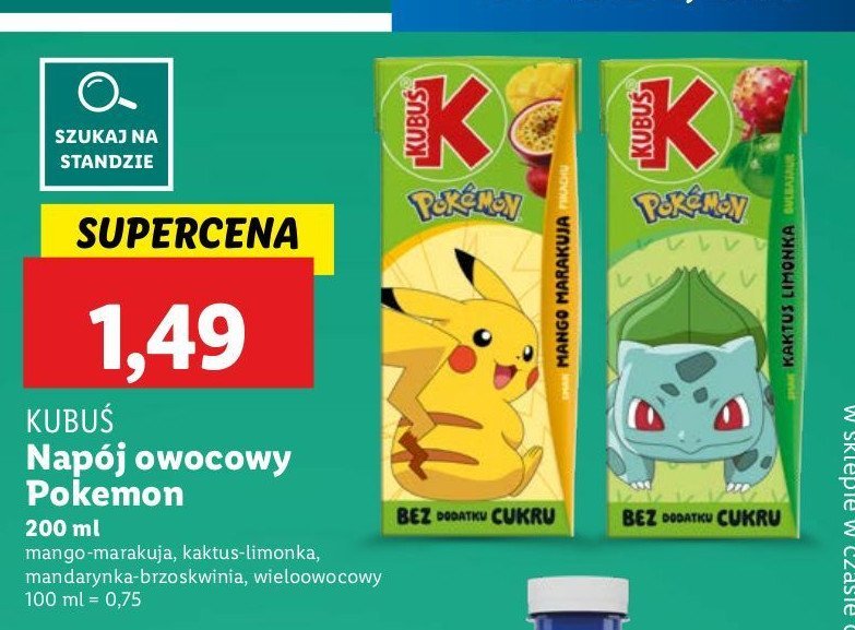 Napój pokemon brzoskwinia mandarynka Kubuś promocja w Lidl