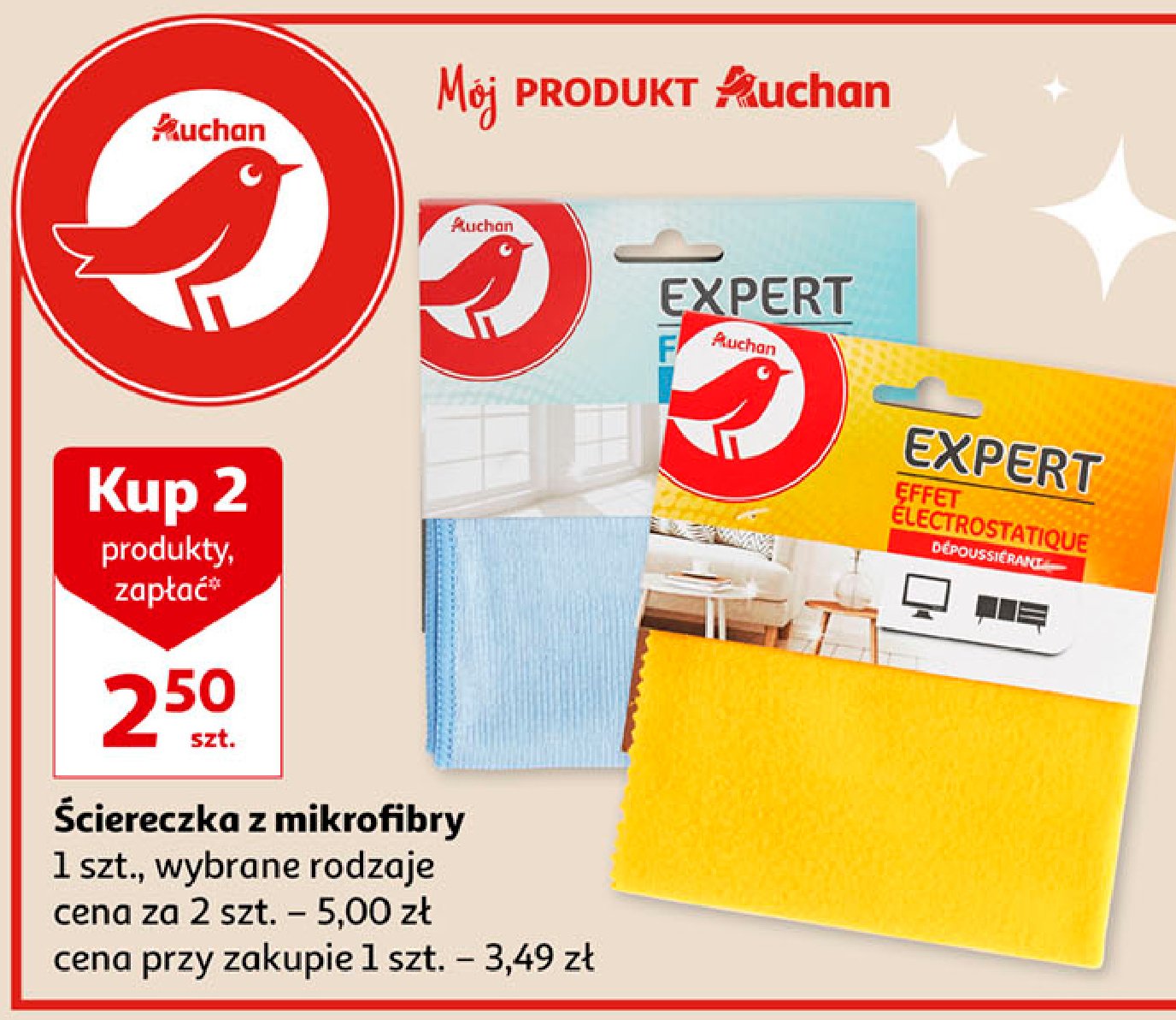 Ściereczka z mikrofibry do kurzu Auchan różnorodne (logo czerwone) promocja