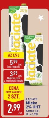 Mleko 2% UHT ŁACIATE promocja w Aldi
