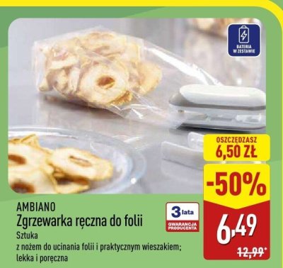 Zgrzewarka ręczna do folii AMBIANO - Sztuka z nożem do cinienia folii i praktycznym wieszakiem; lekka i poręczna promocja w Aldi