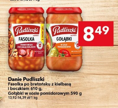 Danie Pudliszki Fasolka po bretońsku z kiełbasą i boczkiem 610 g, Gołąbki w sosie pomidorowym 590 g promocja w LEWIATAN