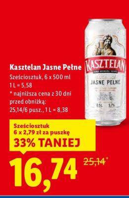 Piwo Kasztelan Jasne Pełne 6 x 500 ml promocja w Lidl