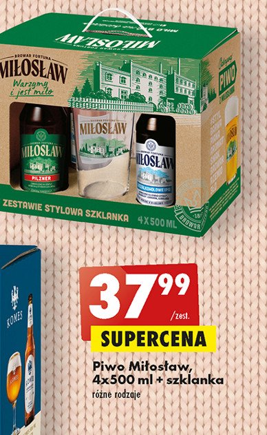 Piwo niefiltrowany + pizner + marcowe + pszeniczne + koźlak + szklanka Miłosław zestaw kolekcjonerski promocja