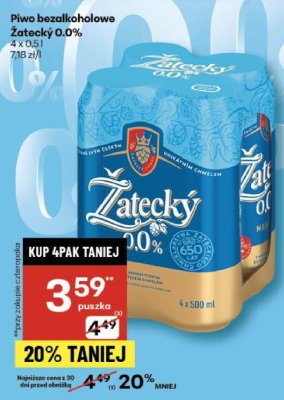 Piwo bezalkoholowe Żatecky 0,0% 4 x 0,5l promocja w Delikatesy Centrum