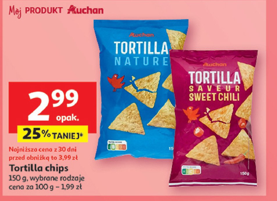 Chipsy tortilla nature Auchan różnorodne (logo czerwone) promocja w Auchan