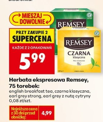 Herbata ekspresowa Remsey, 75 torebek: angielska, earl grey tea, czarna klasyczna, earl grey strong, earl grey z nutą cytryny promocja w Biedronka