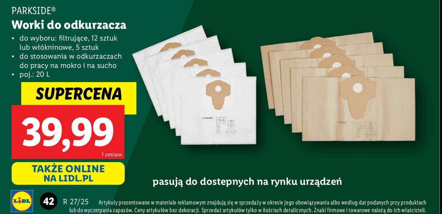 Worki do odkurzacza do pracy na mokro lub sucho Parkside promocja w Lidl