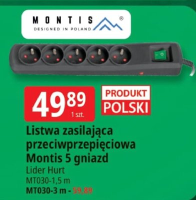 Listwa zasilająca przeciwprzepięciowa Montis 5 gniazd promocja w Leclerc