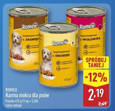 Karma mokra dla psów Romeo z jagnięciną / z drobiem / z wołowiną promocja w Aldi