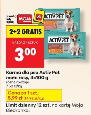 Karma dla psa Activ Pet małe rasy 4x100 g różne rodzaje promocja w Biedronka