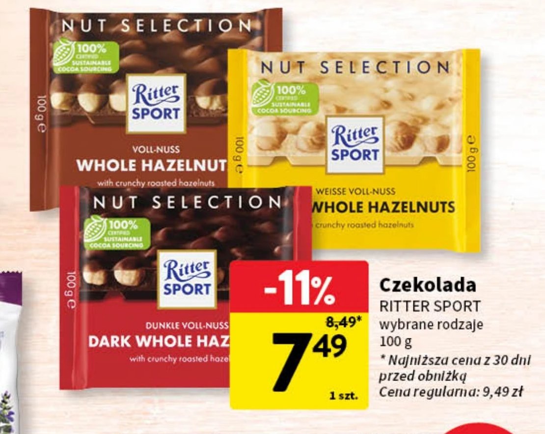 Czekolada dark whole hazelnuts Ritter sport promocja w Intermarche