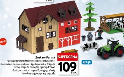 Zestaw Farma traktor, stodoła, przyczepka, stanowisko do dojenia krów, figurka rolnika, 2 figurki krów, 3 figurki narzędzi, figurka drzewa promocja w Intermarche