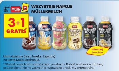 Napoje Müllermilch, wszystkie rodzaje 3+1 gratis promocja w Biedronka