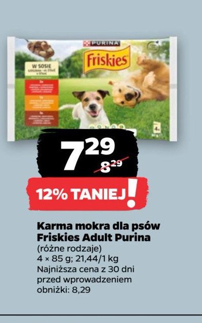 Karma dla psa wołowina kurczak i jagnięcina w galaretce Purina friskies promocja w Netto