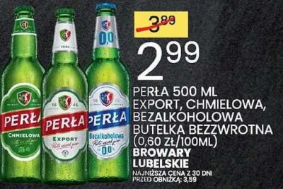 Piwo PERLA 500 ml export chmielowa, bezalkoholowa butelka bezwrotna BROWARY LUBELSKIE promocja w Wafelek