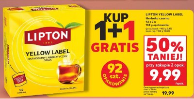 Herbata czarna LIPTON YELLOW LABEL 92 x 2 g 184 g promocja w Kaufland