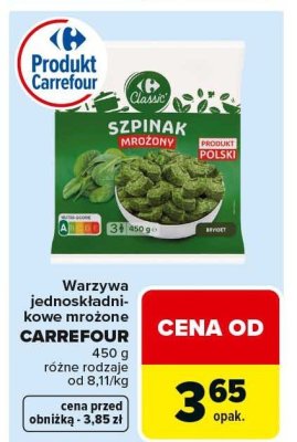 Szpinak mrożony Warzywa jednoskładnikowe mrożone CARREFOUR promocja w Carrefour
